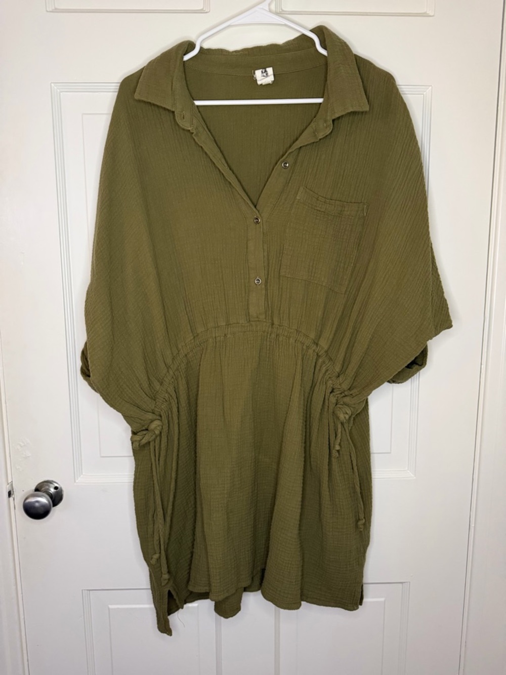 Flawless Olive Green Gauze Tunic Dress Size M Boho Oversized Shirt Dress
